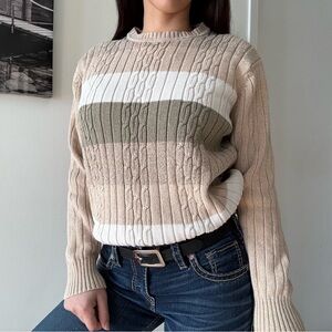 Vintage Striped Cable Knit Sweater Neutral Colorblock
